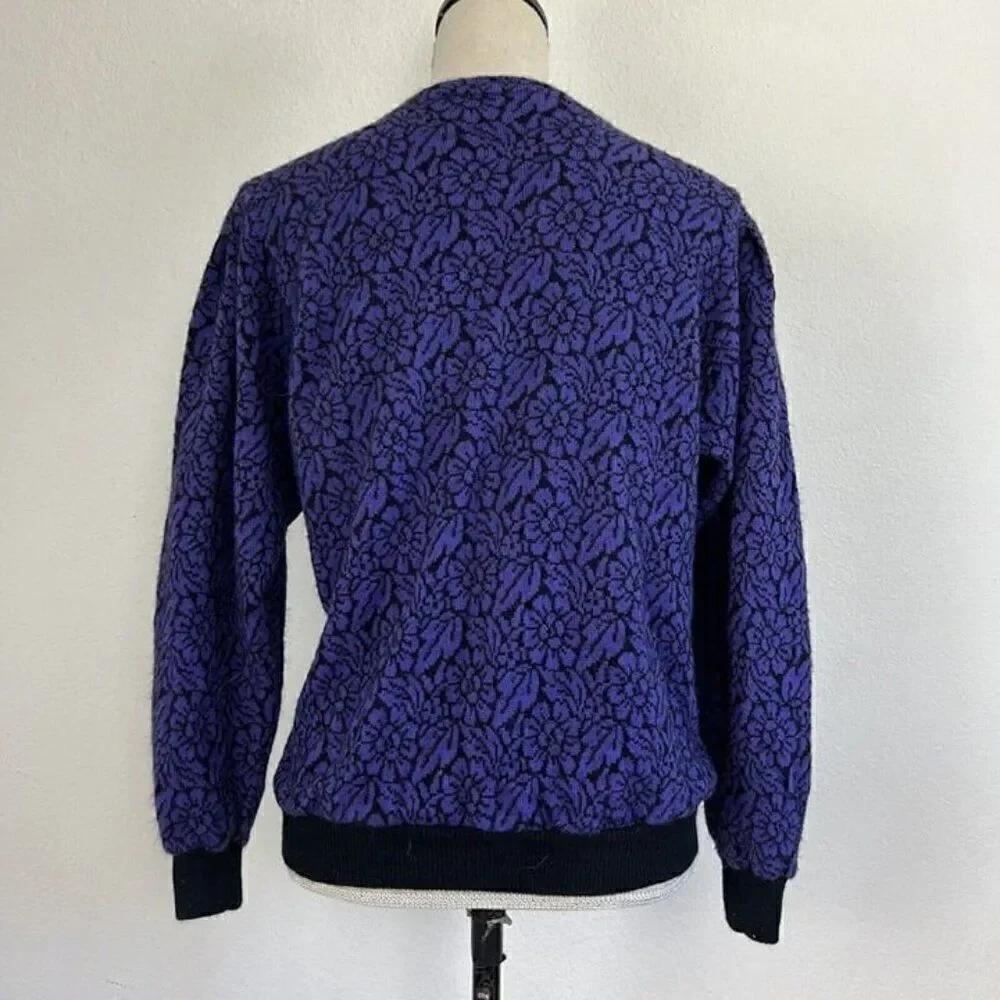 Vintage Womens Purple & Black Floral Mohair Button Front Cardigan Sweater Medium